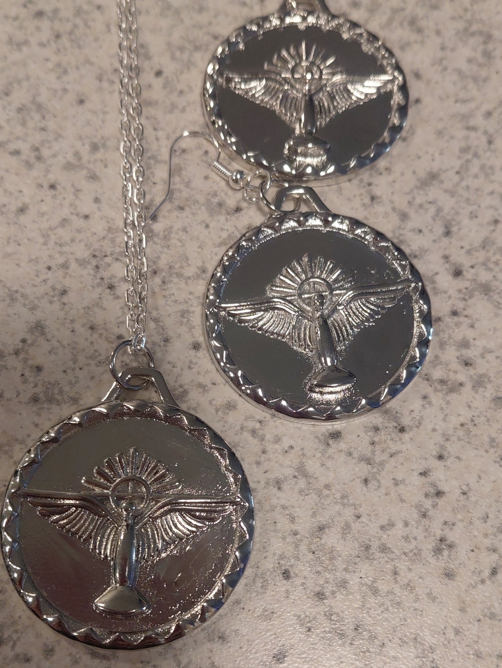 Silver Tone Angel Medallion Necklace and Earrings Set